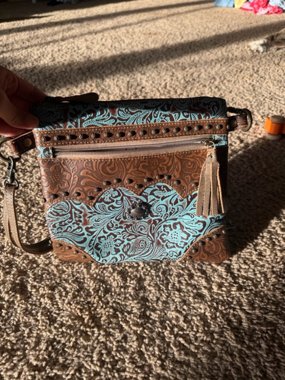 Myra Bag Turquoise & Brown Floral Embossed Crossbody